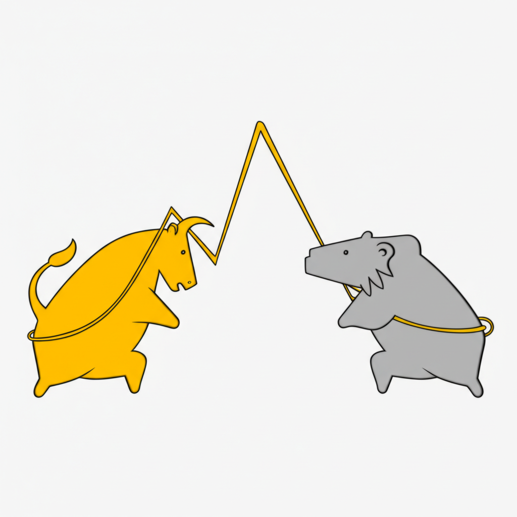 金融市場中多空力量拉鋸的圖示,公牛與熊象徵市場預期與溝通