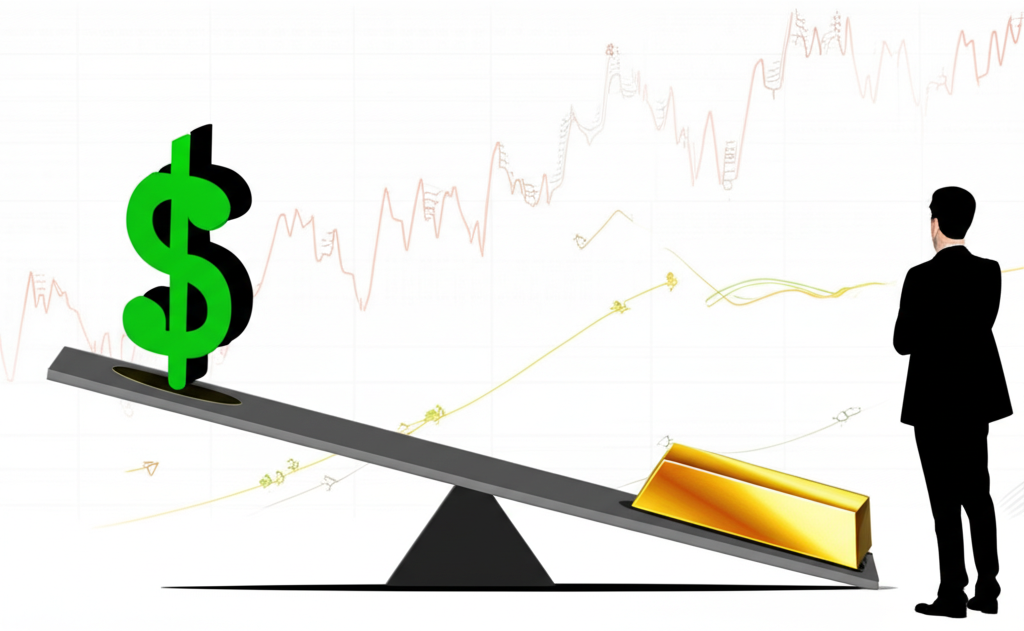 美金與黃金的蹺蹺板效應插圖,顯示美元上漲時黃金下跌的市場平衡