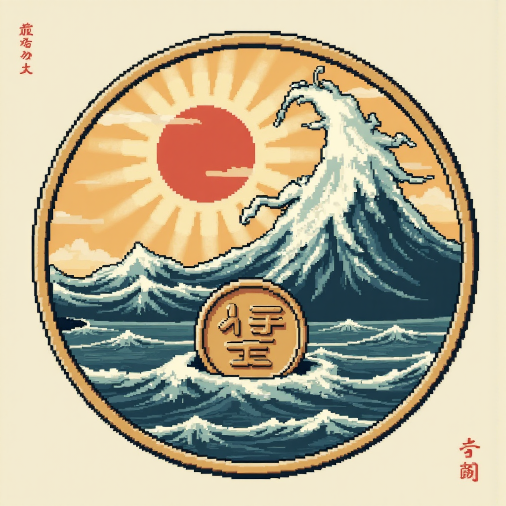 象徵全球經濟力量影響日圓的插圖,如潮汐般圍繞日圓硬幣的波動,採用柔和色調