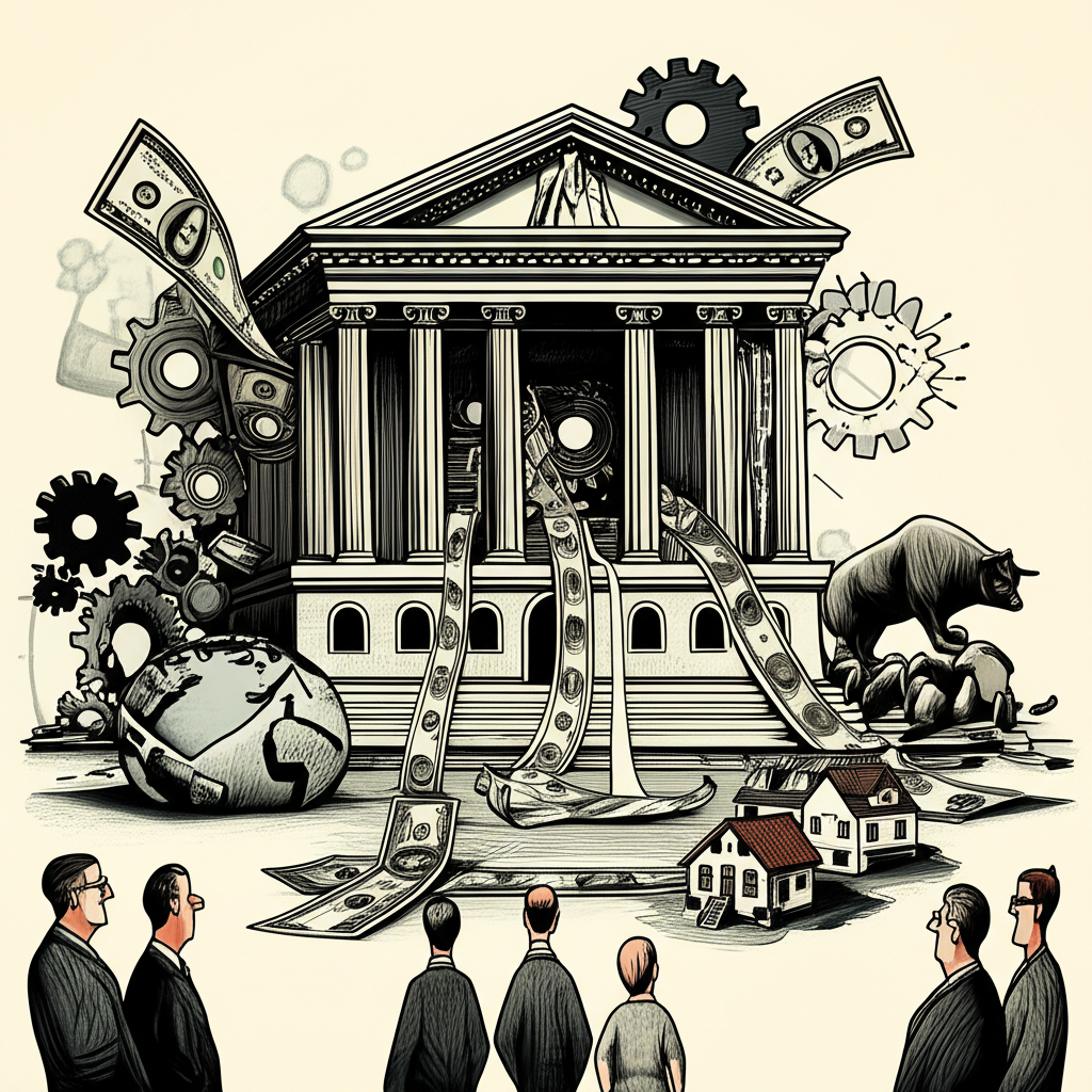 中央銀行建築物插圖,齒輪和貨幣流出代表量化寬鬆影響全球金融市場、股市和房地產,投資者觀察場景