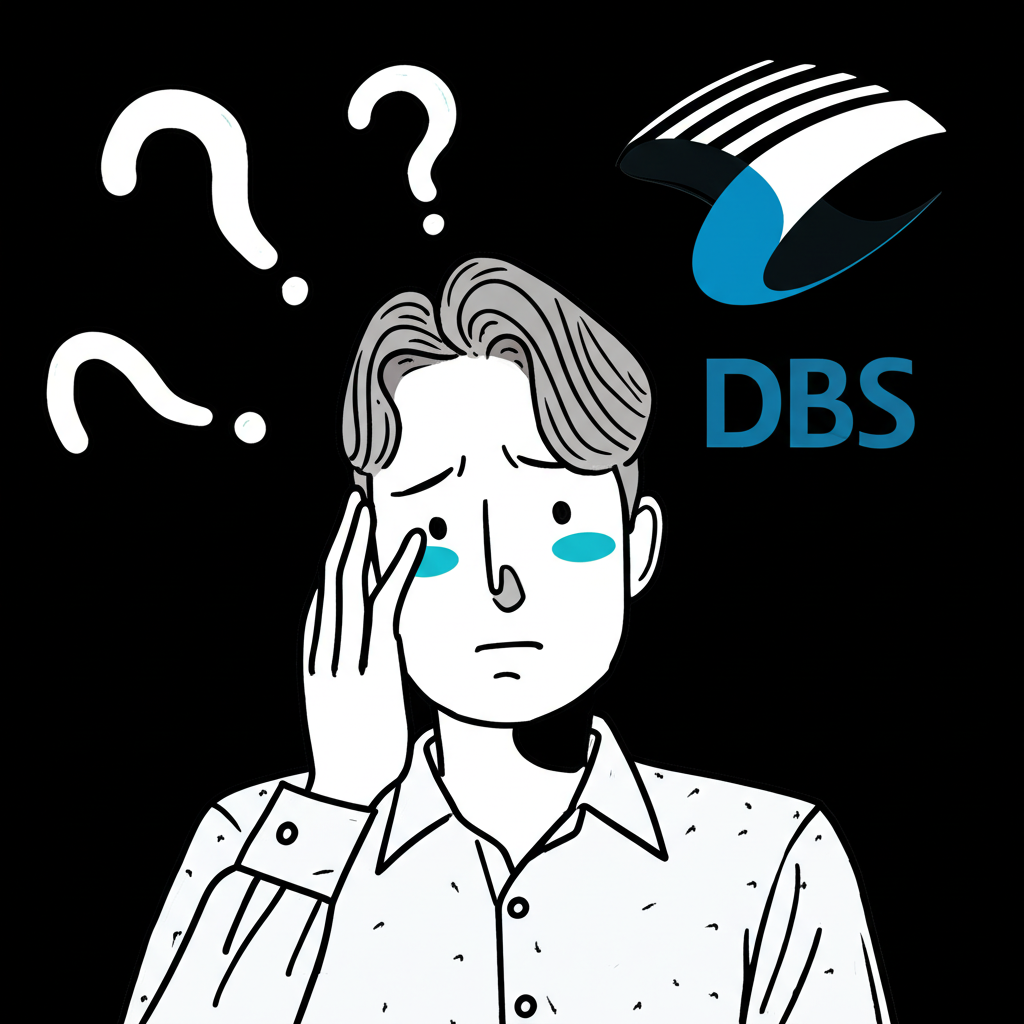 客戶困惑望向花旗與星展銀行標誌,周圍問號代表貸款查詢與財務決策