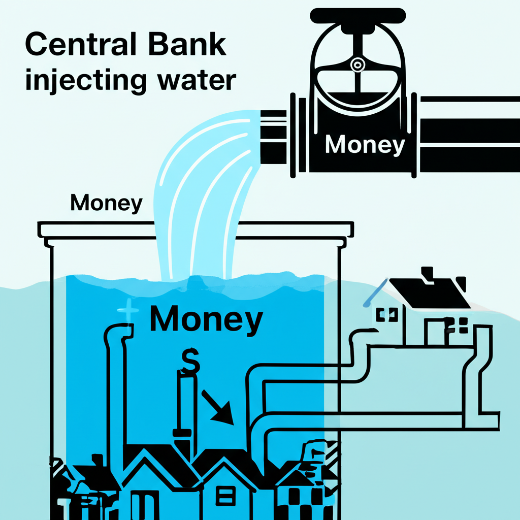 大型水泵標記為中央銀行注入標記為貨幣的水到經濟水庫,管道通向房屋和企業,象徵增加流動性、低利率和刺激投資