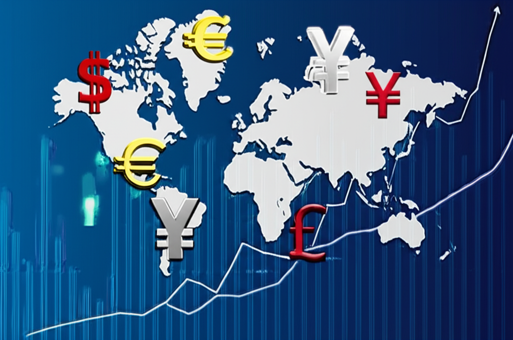 國際儲備貨幣如美元、歐元、日圓、英鎊和人民幣的符號,環繞世界地圖並配以財務圖表的插圖