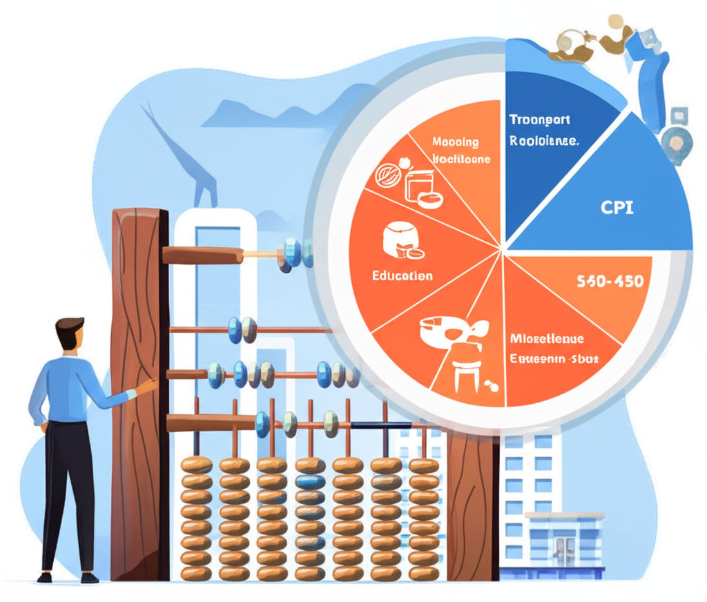 一人使用巨大算盤計算價格,旁邊餅圖顯示CPI籃子類別如食物、居住、交通、醫療、教育與雜項,都以城市背景呈現