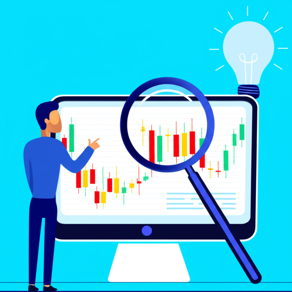 投資者透過放大鏡仔細檢視數位蠟燭圖表,象徵深入理解複雜的金融數據