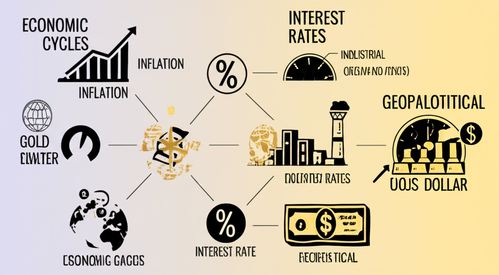 An illustration depicting various factors influencing the gold silver ratio with interconnected icons representing economic cycles inflation interest rates industrial factories geopolitical maps and a strong US dollar
