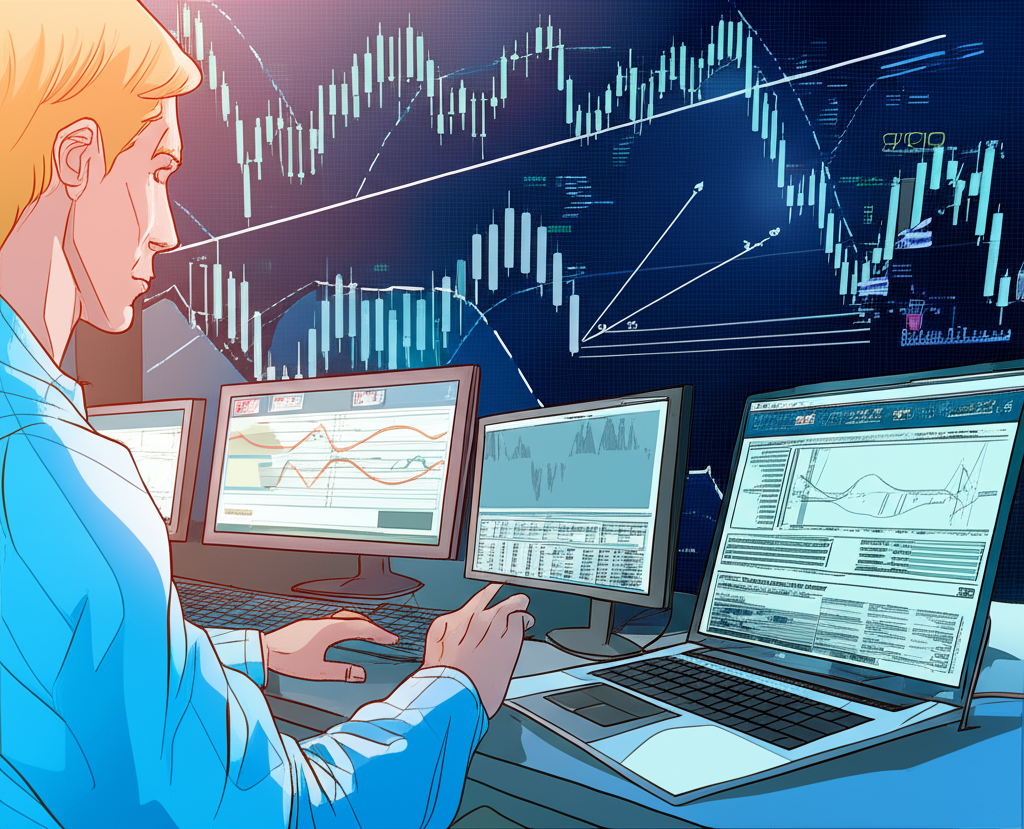 An illustration of a trader making precise decisions in a dynamic forex market surrounded by historical price data charts and various technical indicators helping manage risk