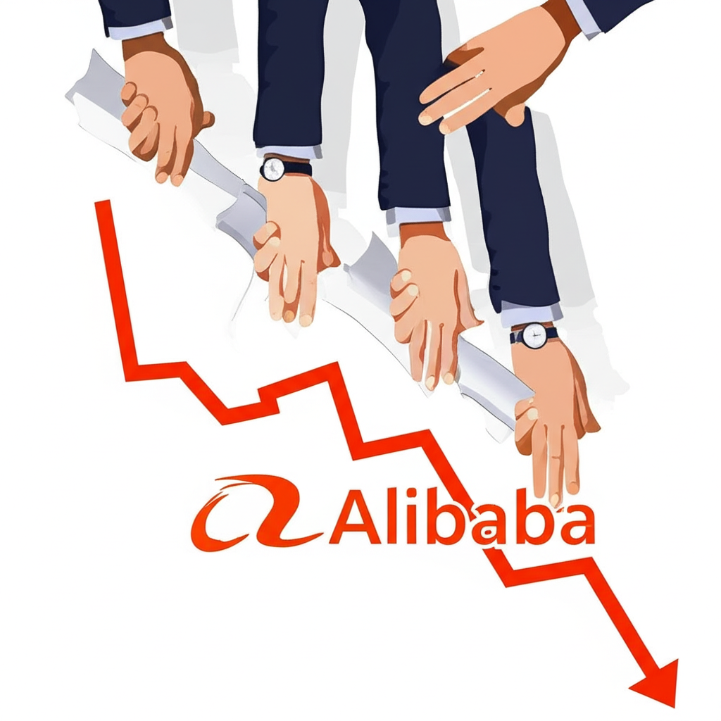 多隻手拉低標有阿里巴巴的股價圖,象徵政府監管、經濟放緩與競爭等因素的壓力