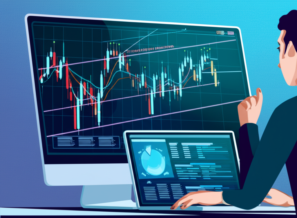 股票市場圖表顯示樞軸點、支撐阻力線與K線形態，交易者分析畫面的現代商業插圖