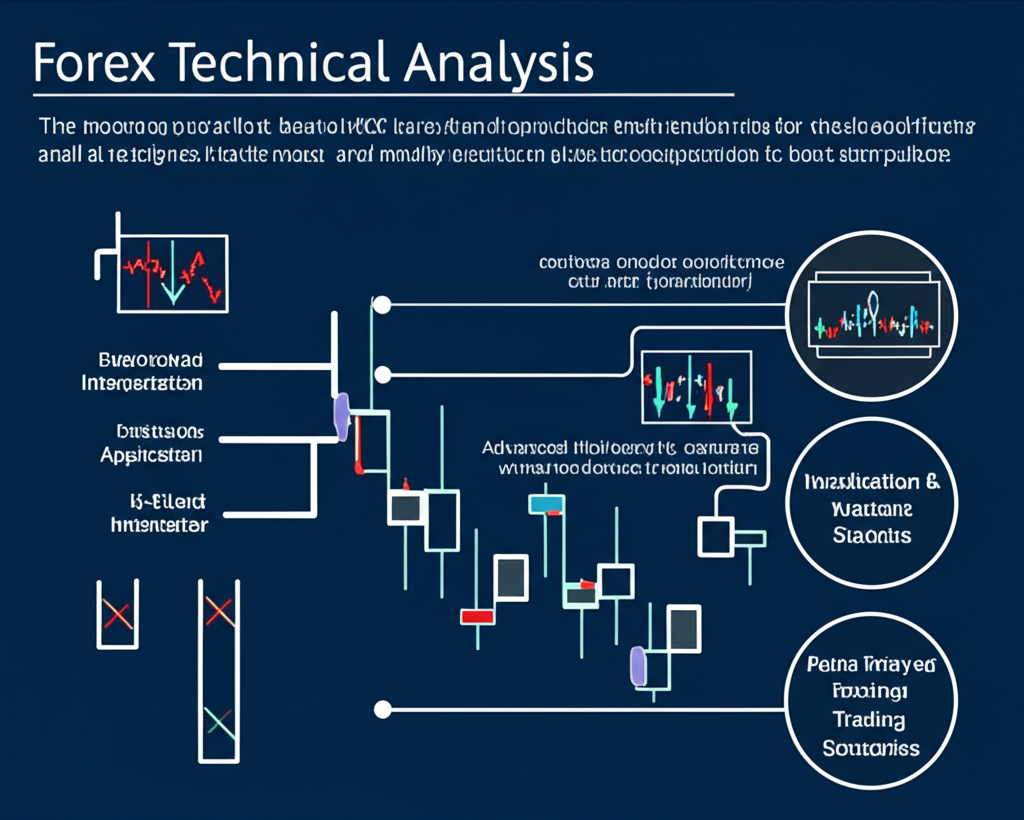 An illustration of a comprehensive guide for forex technical analysis showing a journey from basic K-line interpretation to advanced indicator application and practical strategies helping traders master market pulse
