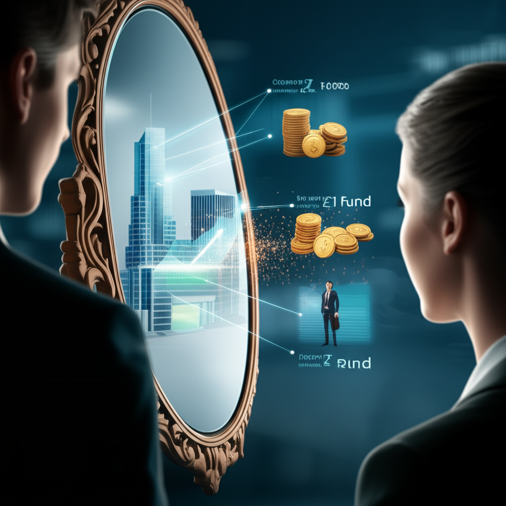 財務鏡子反射個人、公司與基金的淨值概念,包含數字與圖表