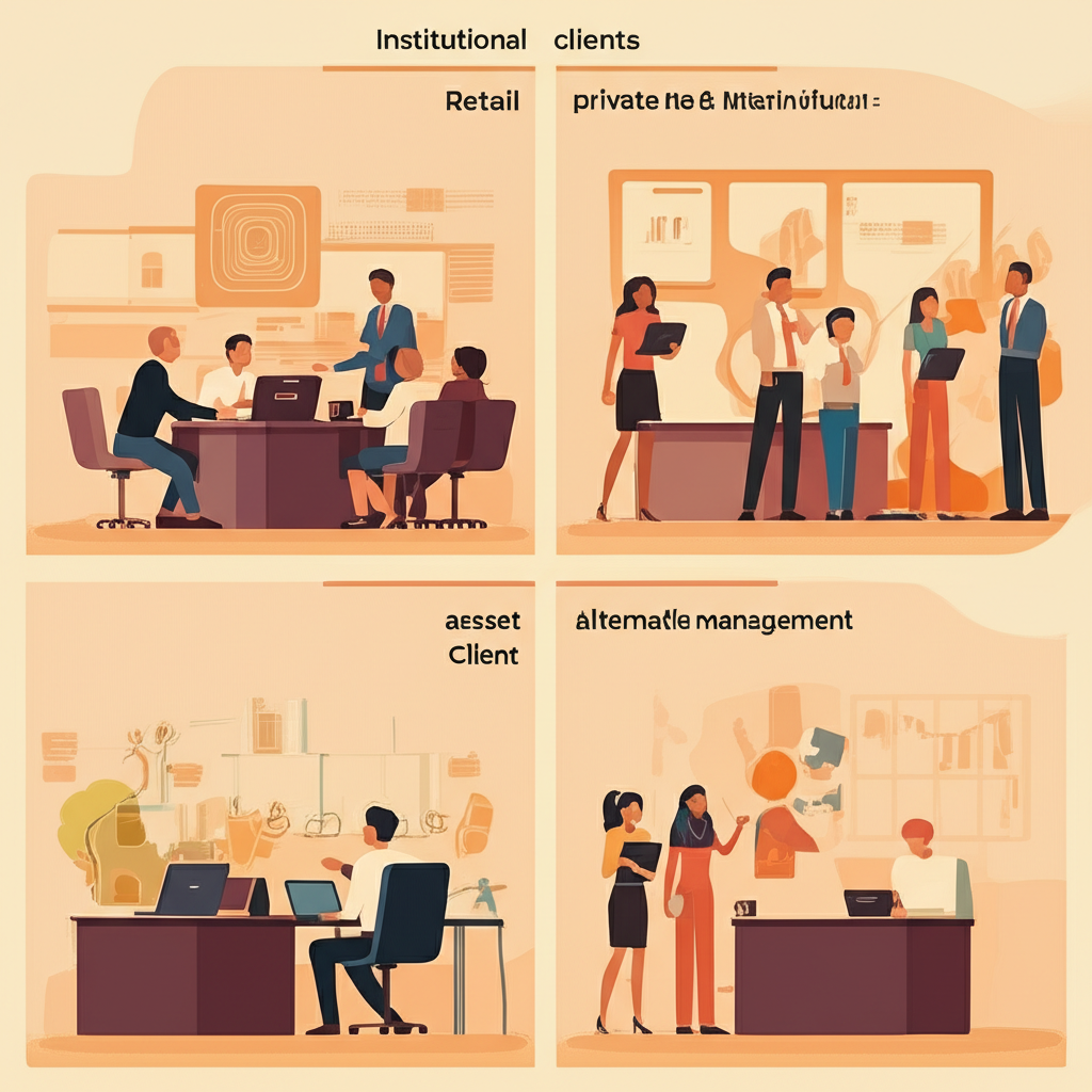 各種資產管理類型如機構零售私募與另類投資的服務示意圖