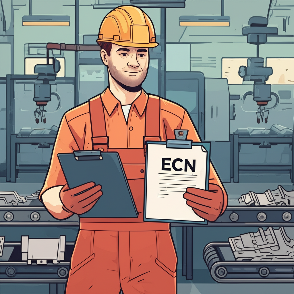 工廠工人手持 ECN 文件的插圖:工程變更通知在製造業