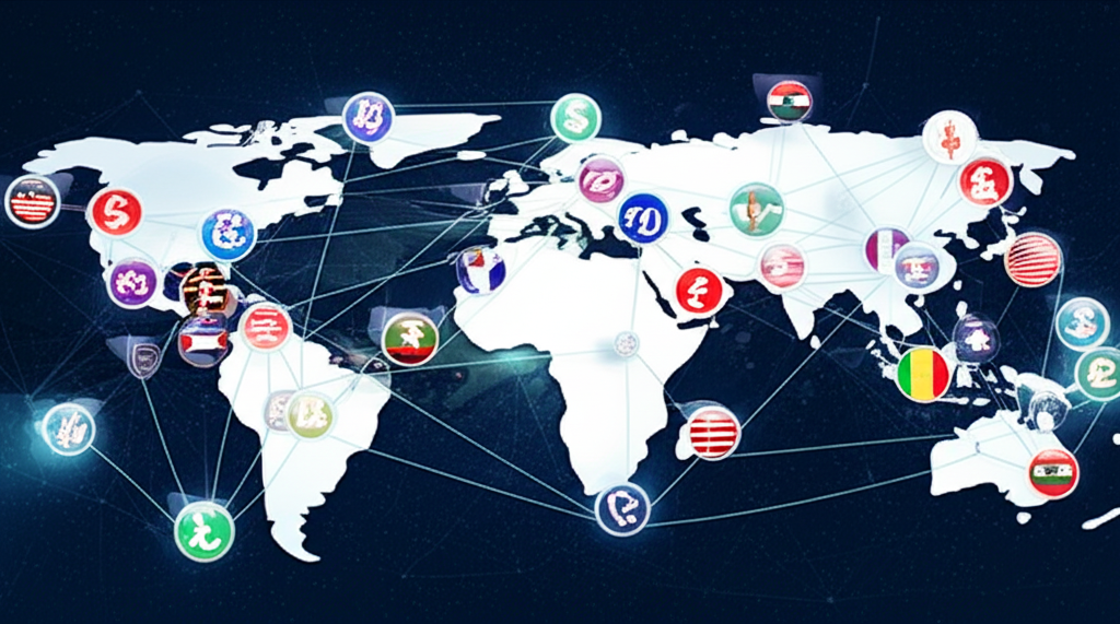 全球外匯市場的生動插圖,顯示各種國家貨幣數位交換,代表數兆美元在洲際流動的廣大互聯金融網絡