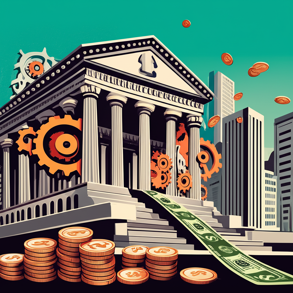 央行建築與齒輪象徵利率調整,影響資金流入城市經濟