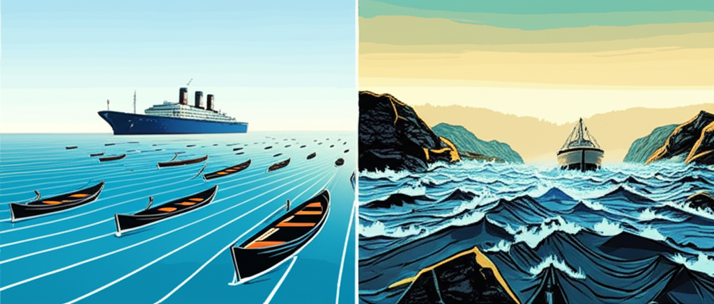 兩種對比場景插圖:一側平靜河流象徵高流動性,多艘小船與大船順暢航行;另一側湍急礫石河代表低流動性,船隻艱難前行