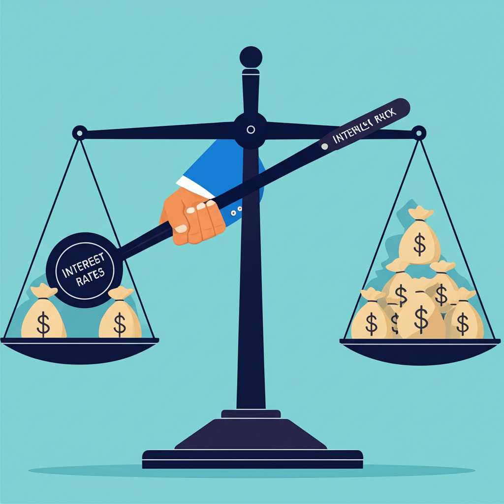中央銀行調整標有利率的大型槓桿,影響兩側錢袋天平的插圖