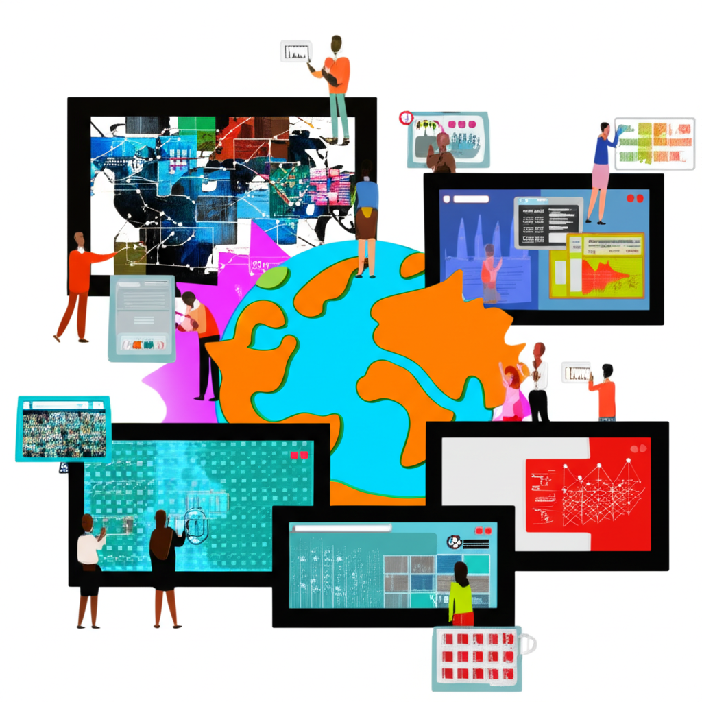 世界各地多元人群透過螢幕參與抽象線上流行內容的插圖