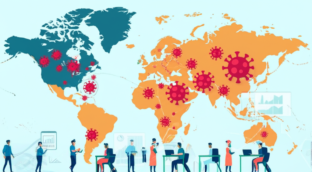 世界地圖上病毒符號蔓延各洲,多元人群研究全球健康數據,傳達緊急與互聯感