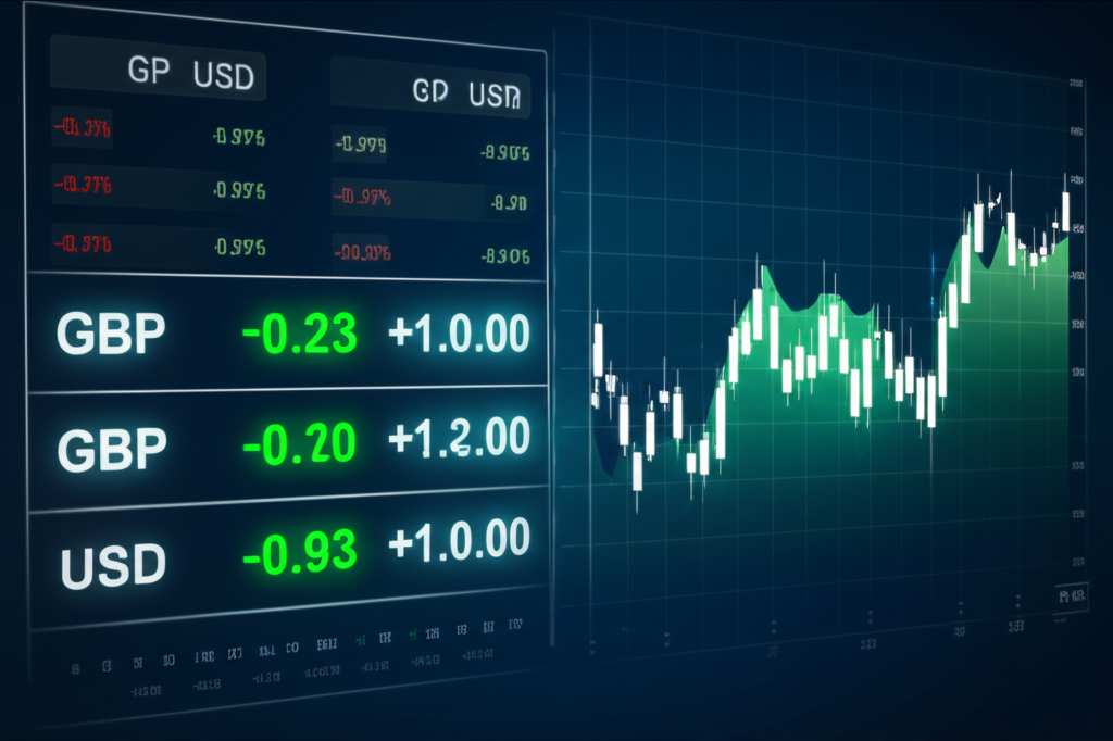 數位儀表板顯示GBP USD即時匯率與線圖，象徵全球投資者焦點的插圖