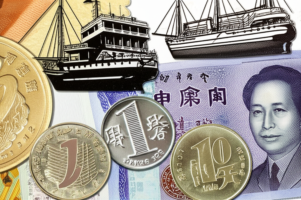 新台幣紙鈔與硬幣展示不同面額及防偽特徵,背景隱約反映台灣經濟歷史的插圖