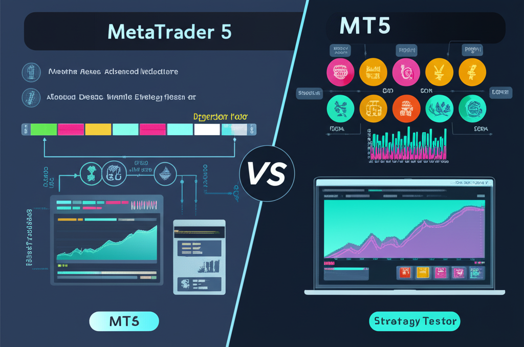 Mac電腦透過虛擬化軟體運行MT5,以及iOS和Android手機顯示MT5行動應用程式的插圖,展現多平台存取的靈活性