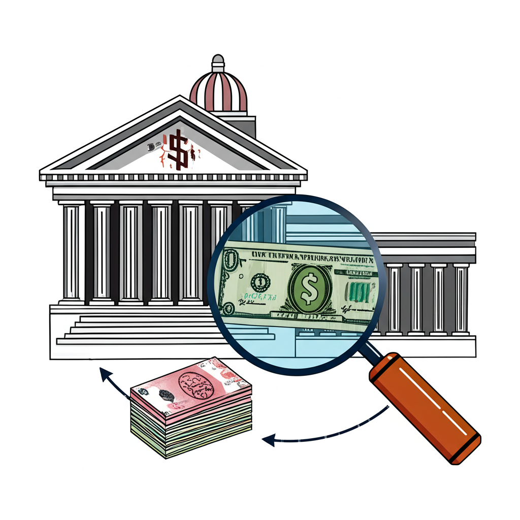 中央銀行建築物透過放大鏡檢視美元、新台幣與港幣之間資金流動的插圖