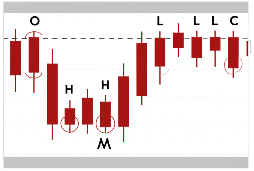 圖表顯示OHLC四個價格點如何形成一根K線,標註開盤、最高、最低與收盤