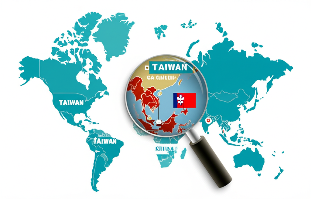 通縮全面指南插圖,放大鏡聚焦世界地圖上的亞洲,標註台灣與香港讀者的策略圖示