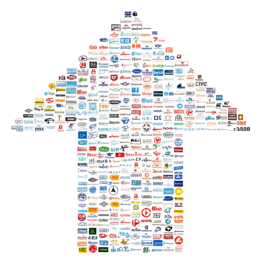 500家企業標誌組成向上箭頭,象徵標普500指數代表美國經濟與市場成長