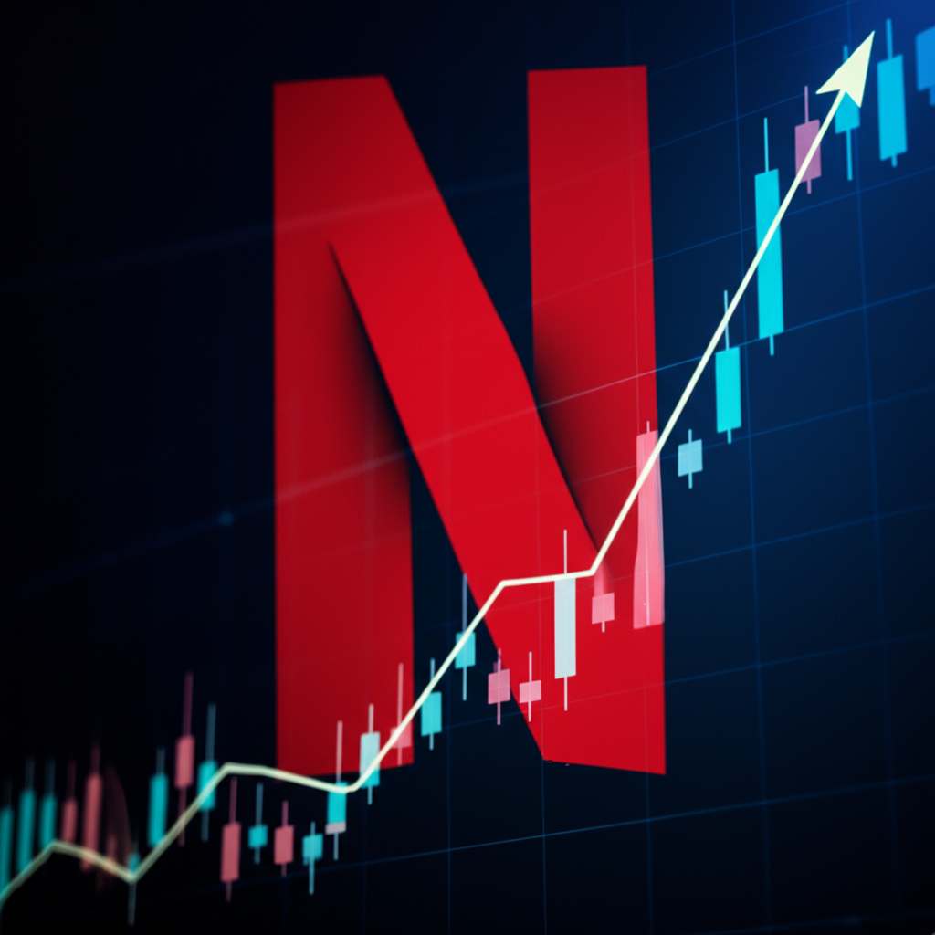 NFLX 股價走勢圖示,背景融入 Netflix 標誌,象徵串流娛樂服務與投資數據