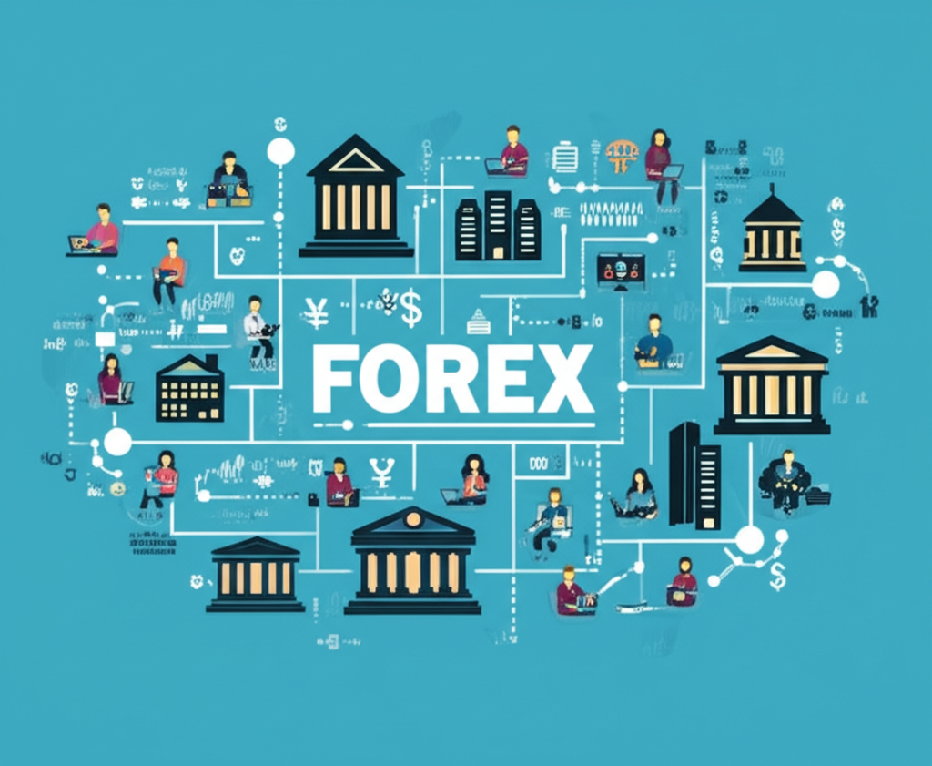 外匯市場多樣參與者的插圖,包括中央銀行、商業銀行、跨國公司、對沖基金和個人交易者,形成複雜的金融結構