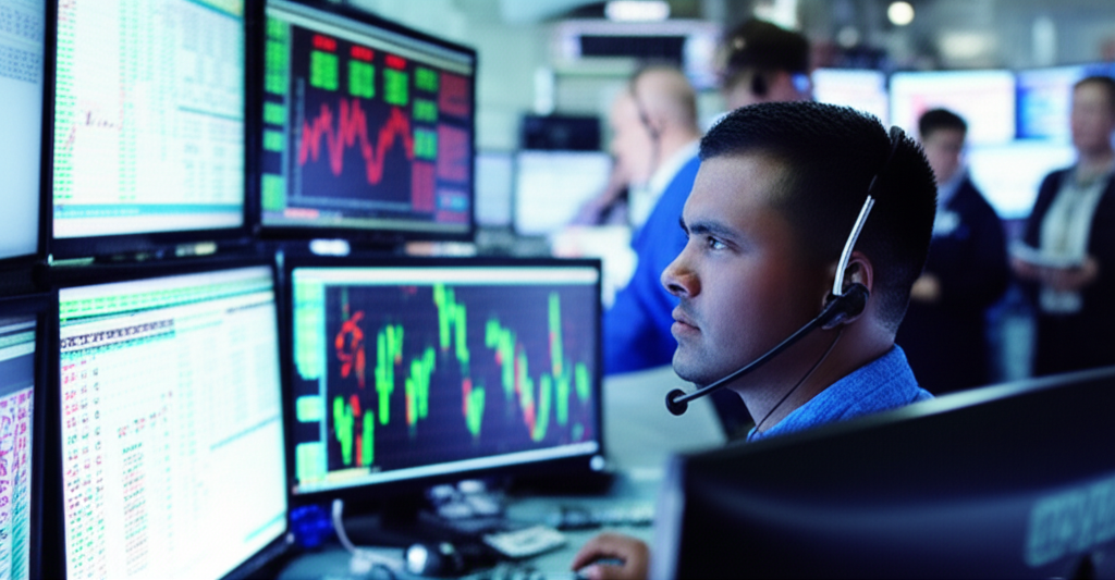 An illustration of a focused trader in front of multiple screens analyzing financial data charts and market movements in a dynamic trading room representing a financial institution high pressure environment