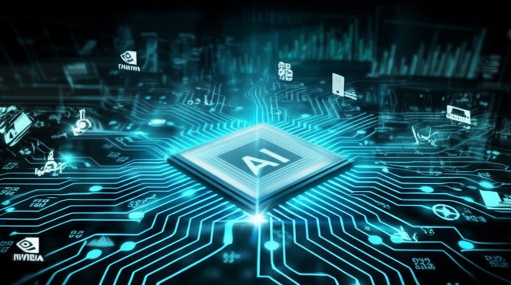 NVIDIA GPU晶片散發AI能量,連接全球科技產業與股市圖表