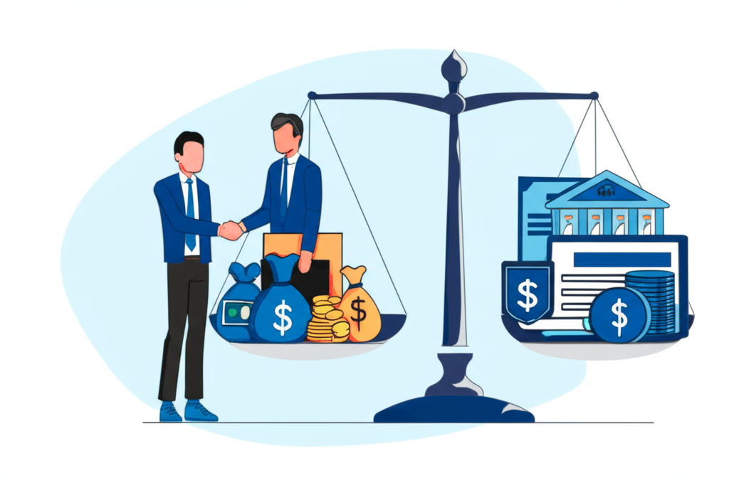 投資人與券商代表握手象徵借貸交易與資產平衡