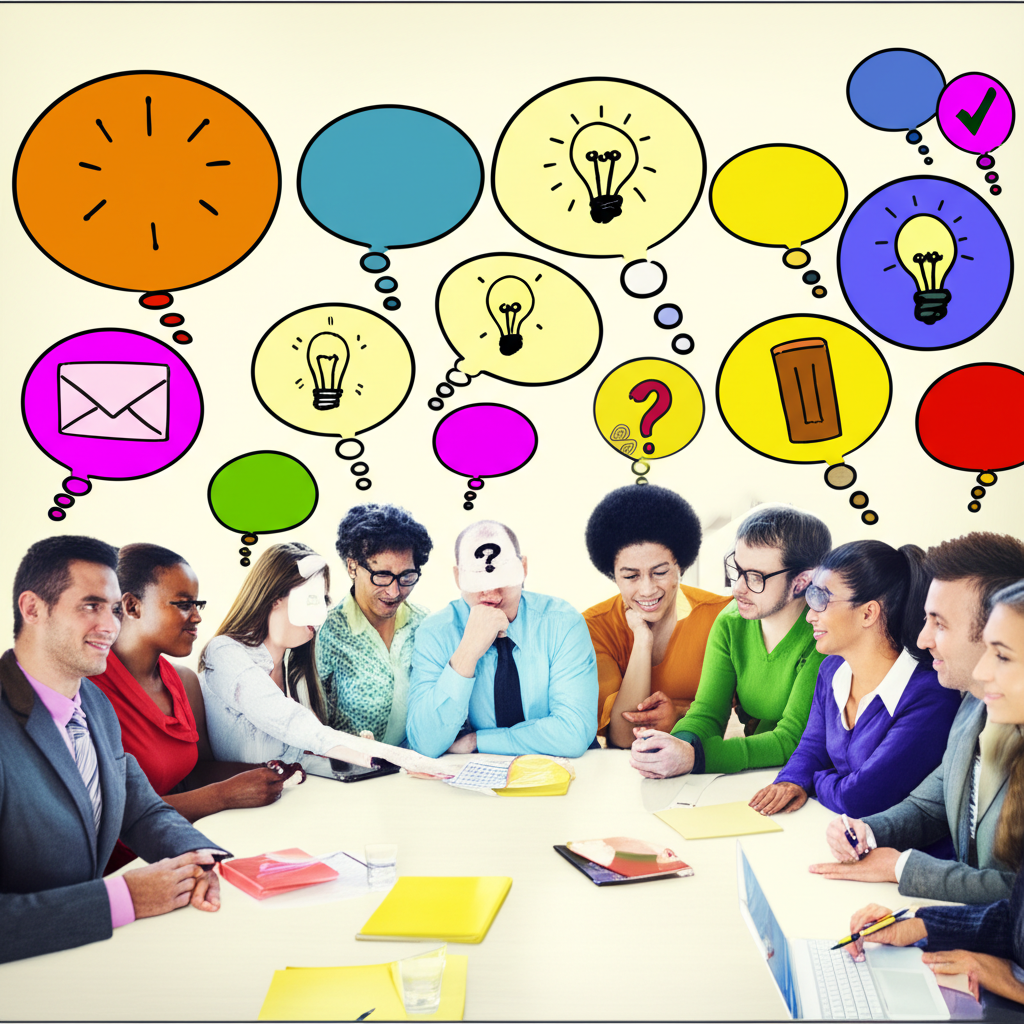 會議場景中不同個體的思想泡泡,顯示意見分歧的多樣想法