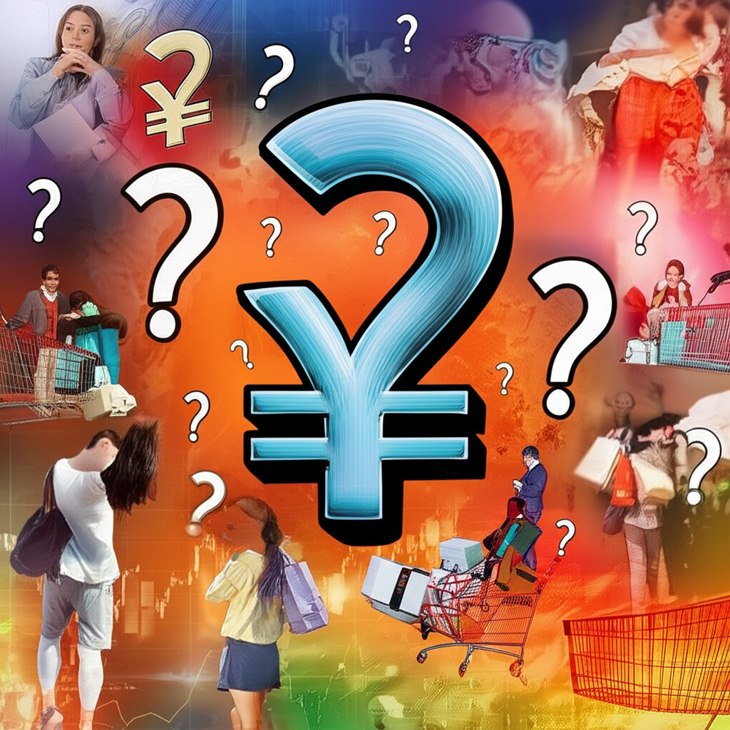 問號環繞下跌日圓符號的插圖,背景包含日本購物、留學生和財務圖表場景,呈現分析與探究風格