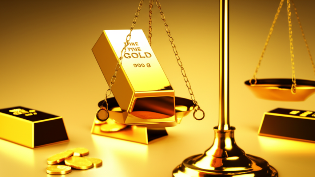 5盎司黃金投資平衡示意圖,象徵財富與穩定