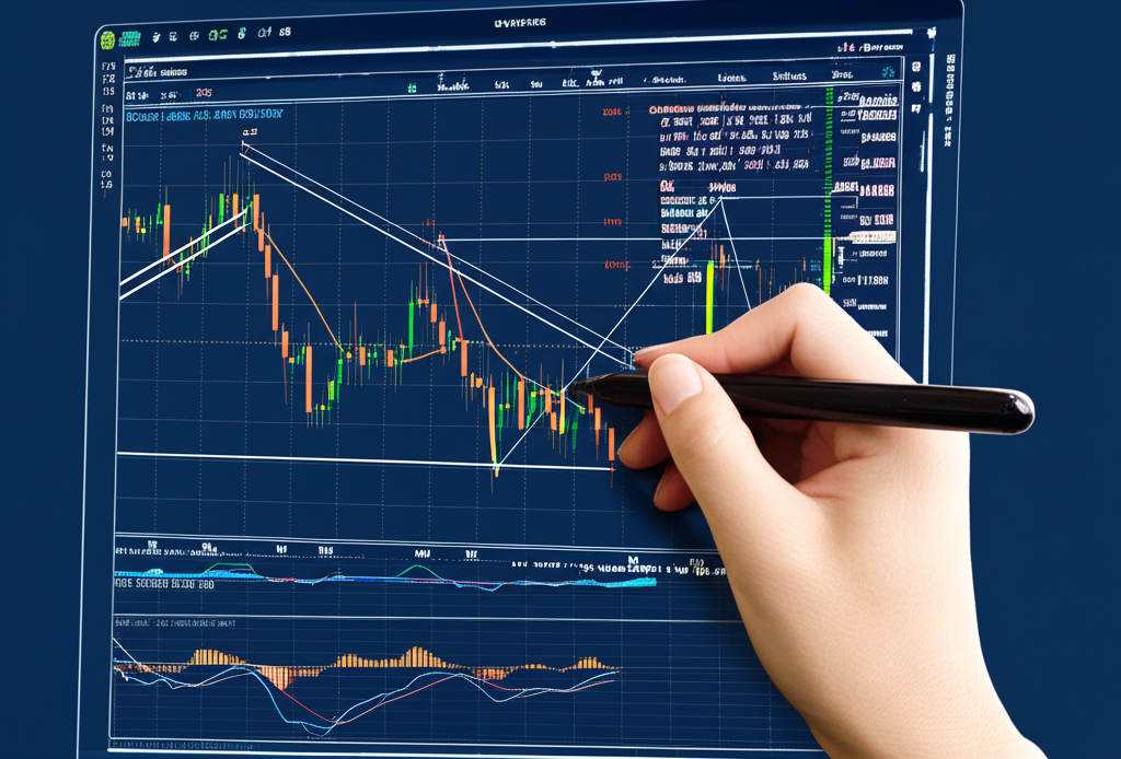 手在電腦螢幕上繪製趨勢線與 K 線圖,周圍環繞移動平均線、相對強弱指數及移動平均收斂發散指標,展示尋找市場規律的過程