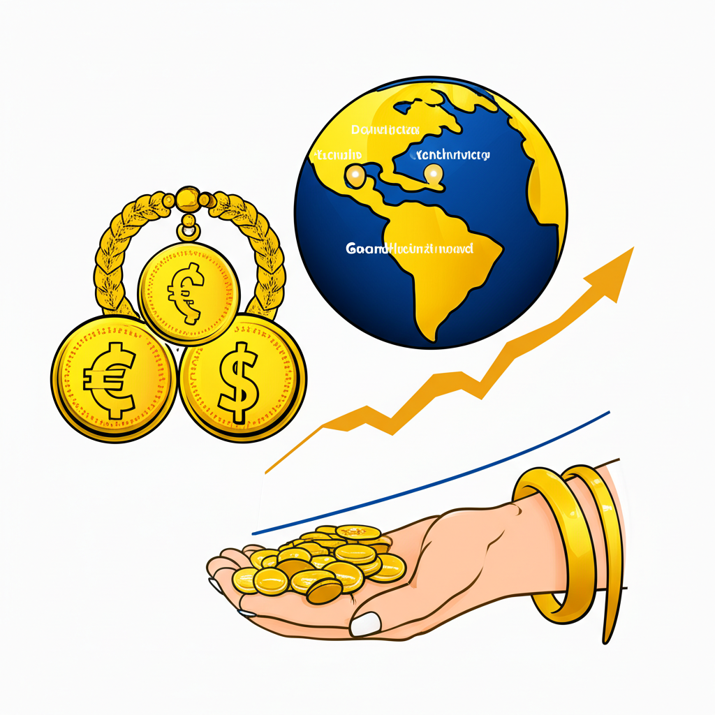 影響黃金價格的全球因素插圖,包括地緣政治熱點、經濟成長圖表與黃金珠寶