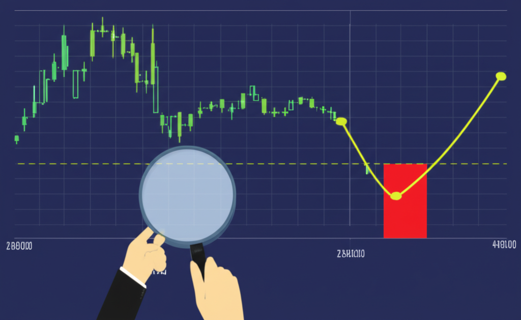 股市底部出量圖表顯示股價觸底與放大成交量柱，投資人用放大鏡觀察潛在反轉