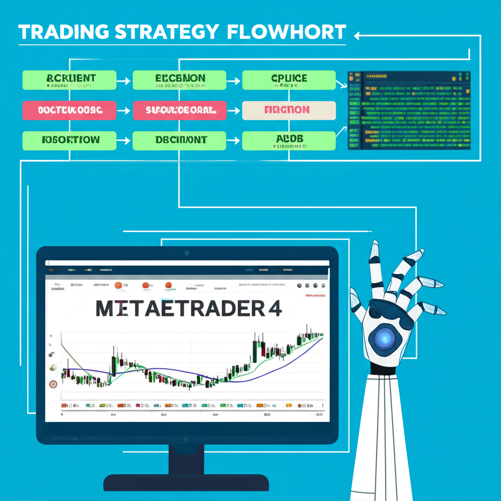 複雜交易策略流程圖轉化為機器碼,MT4圖表與機器手臂示意自動執行的插圖