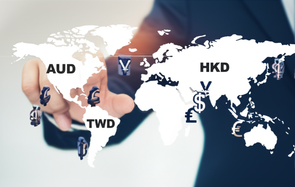 一位人士透過數位螢幕查看澳元即時匯率，周圍浮現AUD、TWD、HKD、USD貨幣符號，背景為全球地圖，象徵國際金融與貿易