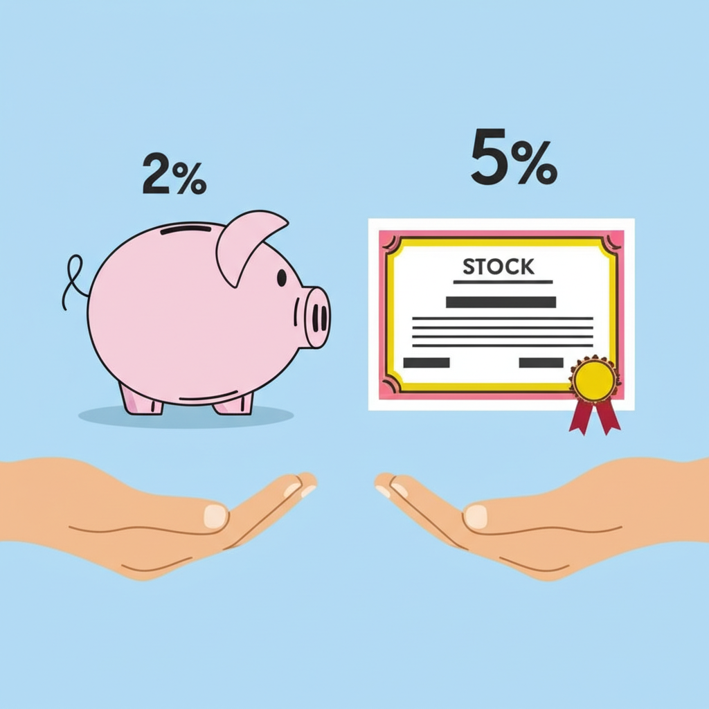 投資人比較存錢罐與股票證書的百分比,代表銀行利率對比股息殖利率的財務決策