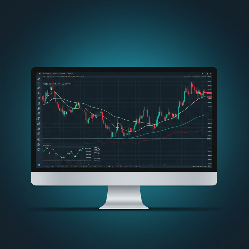 MetaTrader 5 平台介面插圖,展示外匯、股票、期貨和差價合約等金融市場的圖表、指標與交易工具