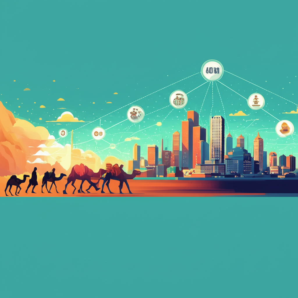 外匯市場演進的插圖,從古代貿易路線到現代24小時電子交易,連接全球銀行、金融機構和經紀商的去中心化系統