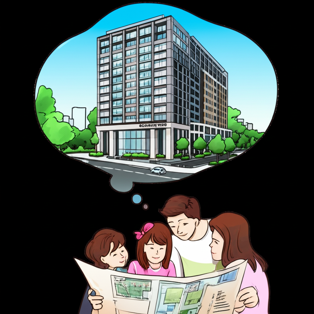 高雄尋常院現代住宅建築插圖,家庭成員查看藍圖,腦海中浮現理想家園的便利設施與未來潛力