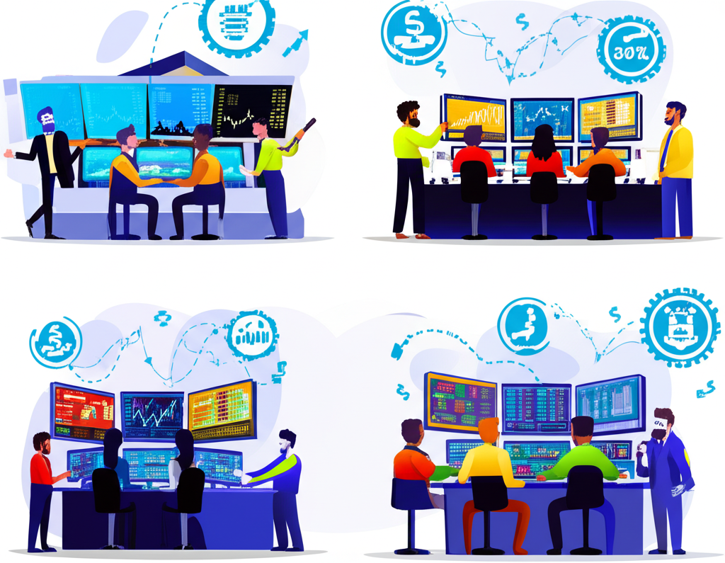 An illustration showing diverse types of traders in distinct financial settings such as a bank an independent trading firm and a stock exchange each specializing in different products and roles
