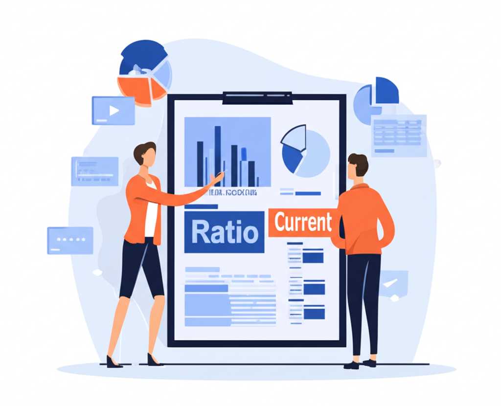 財務分析師、投資者和企業主檢視公司財務報表,透過圖表評估短期債務償還能力,這是流動比率作為財務健康關鍵指標的象徵