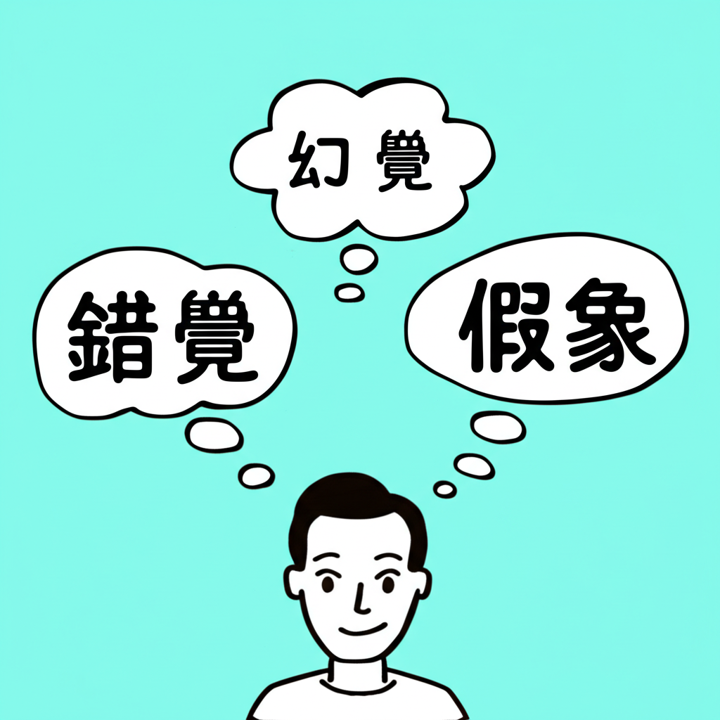 一個人頭頂三個思想泡泡，分別包含幻覺、錯覺、假象的中文字符，呈現輕鬆明快的插圖風格